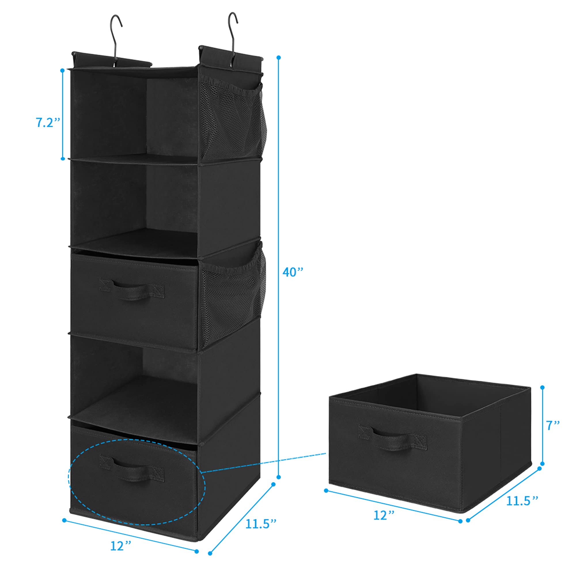 Max Houser 5 Tier Shelf Hanging Closet Organizer, Cloth Hanging Shelf With 2 Sturdy Hooks For Storage, Foldable (Black-D2)